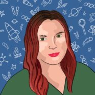 This is a drawing of Sarah Zielinski a white female smiling. Behind her are a bunch of scientific symbols on a blue background.