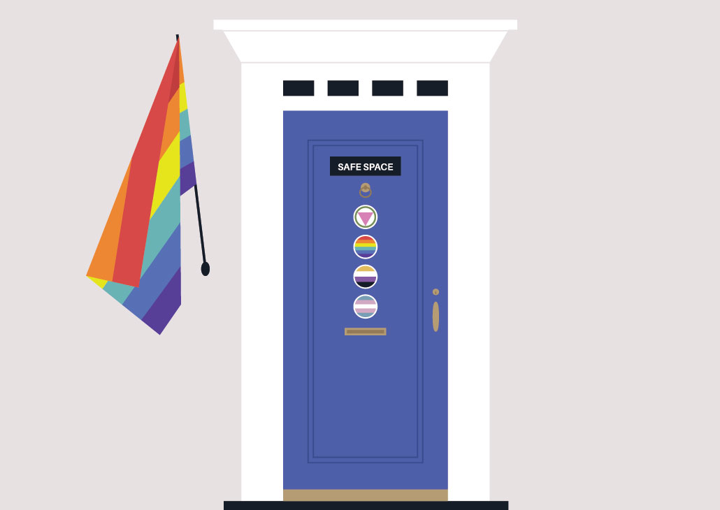 an illustration showing a  door covered in various Pride stickers. There is a rainbow flag to the left of the door. 