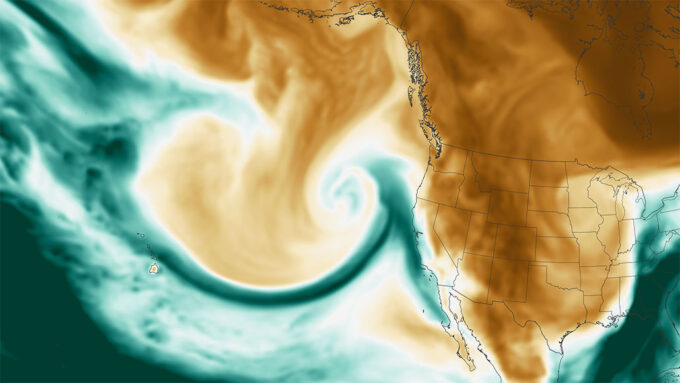 a satellite map showing a dense ribbon of atmospheric water vapor (in dark blue-green) swirling towards the west coast of the United States