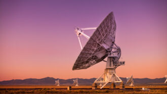 a white radio dish points toward the pink sky in the desert, with other white radio dishes in the background