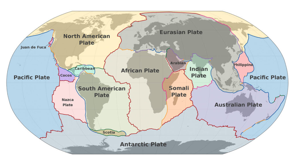 a map of the world is overlaid with the outlines of 15 tectonic plates
