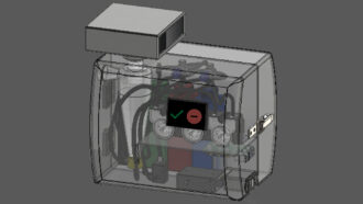 A 3D illustration of the device shows a grey rectangular prism filled with wires and the device's parts against a dark grey background.