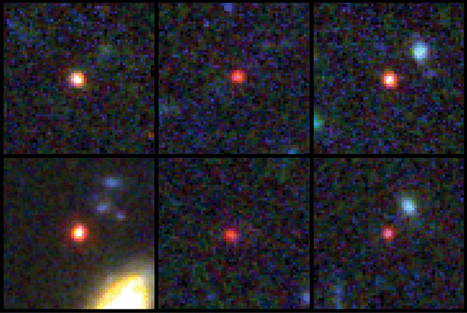 Six distant galaxies (red dots, above) spotted by the Cosmic Evolution Early Release Science, or CEERS.