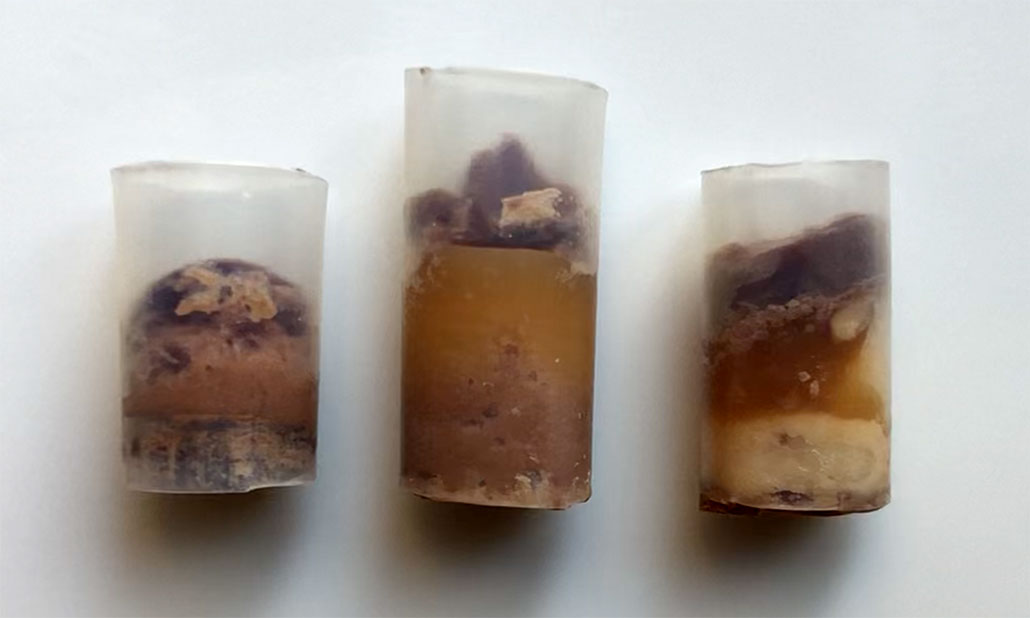 a photo of three candy cores in straws side by side