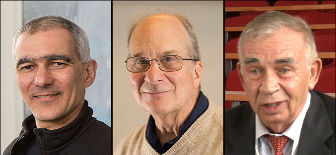 Composite image of three headshots: chemist Moungi Bawendi (left), chemist Louis Brus (middle) and physicist Alexei Ekimov (right) who together won the 2023 Nobel Prize in chemistry for “the discovery and development of quantum dots, nanoparticles so tiny that their size determines their properties.”