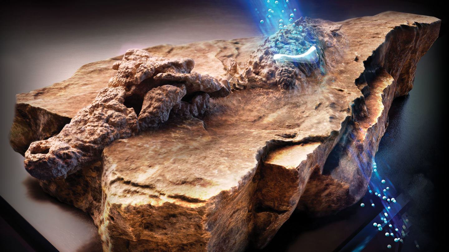 An illustration of a blue beam representing neutron imaging uncovering a bone from a large slab of rock.