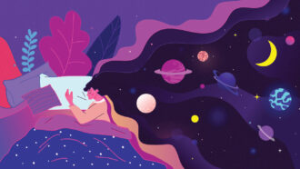an illustration of a woman sleeping, her dreams of space are spilling out behind her as she sleeps