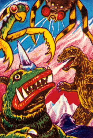 Godzilla spews his atomic breath at some of his foes. A giant green praying mantis and an insect with red eyes attack from above. A green theropod with a horn and large lower teeth stands in front of him.