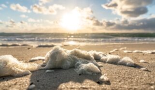 Sea-foam on a beach is illuminated by the sun
