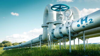 an illustration of an above ground pipeline running over a grassland. The pipe label reads H2 (hydrogen)