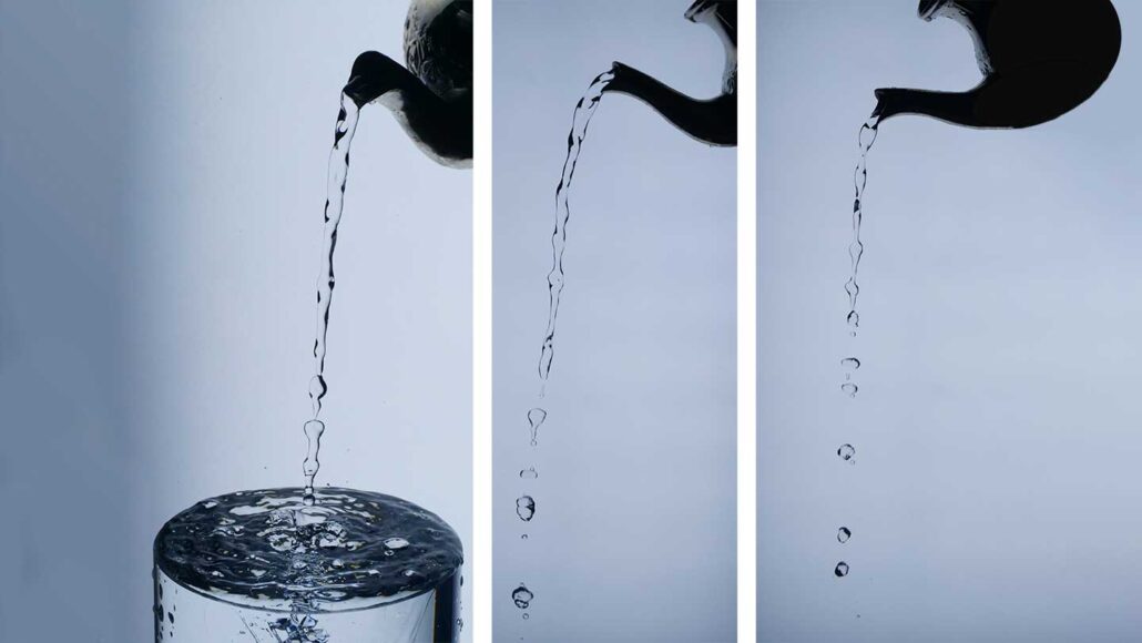Three images show water being poured from a teapot. The shape of the droplets is described by an effect known as Rayleigh-Plateau instability.