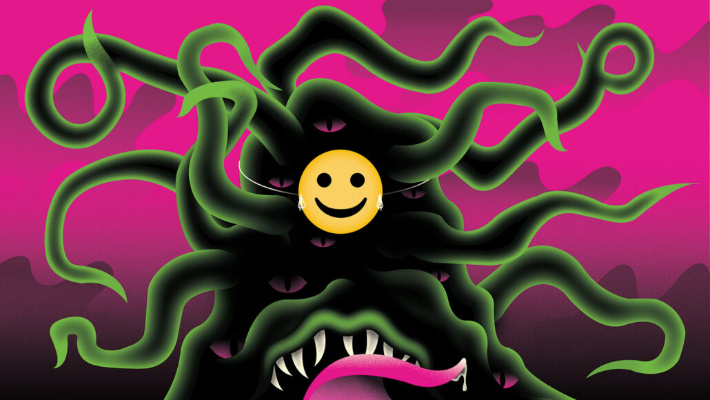 An illustration of a smiley face with a green monster with lots of tentacles and eyes behind it. The monster's fangs and tongue are visible at the bottom of the illustration.