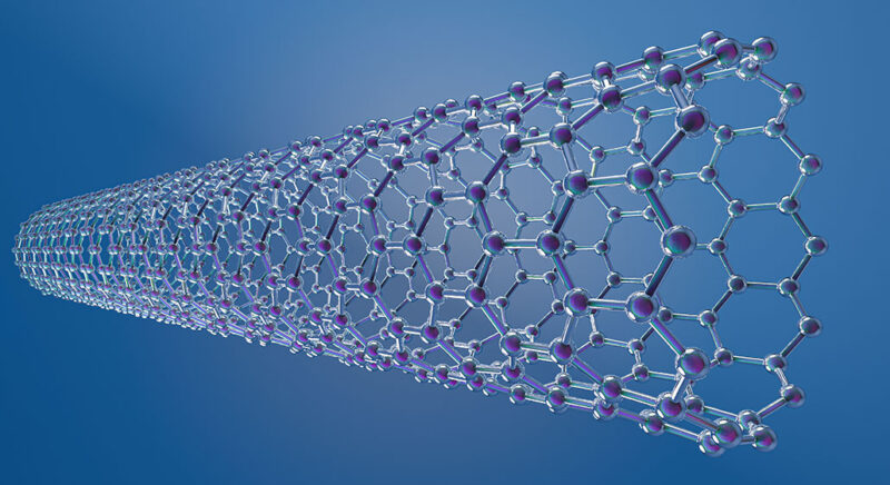 a tube composed of interconnected hexagonal molecules. There is a small blue ball at each junction, representing a carbon molecule.