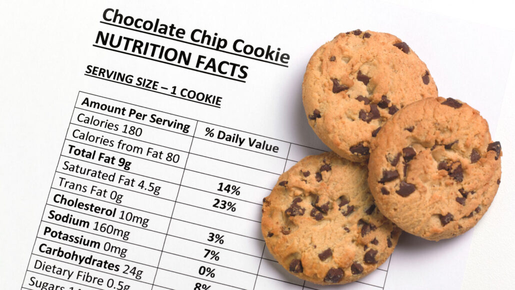three chocolate chip cookies sit atop a page that reads "Chocolate Chip Cookie Nutrition Facts," which lists nutrition facts including the number of calories per serving of cookies (180)