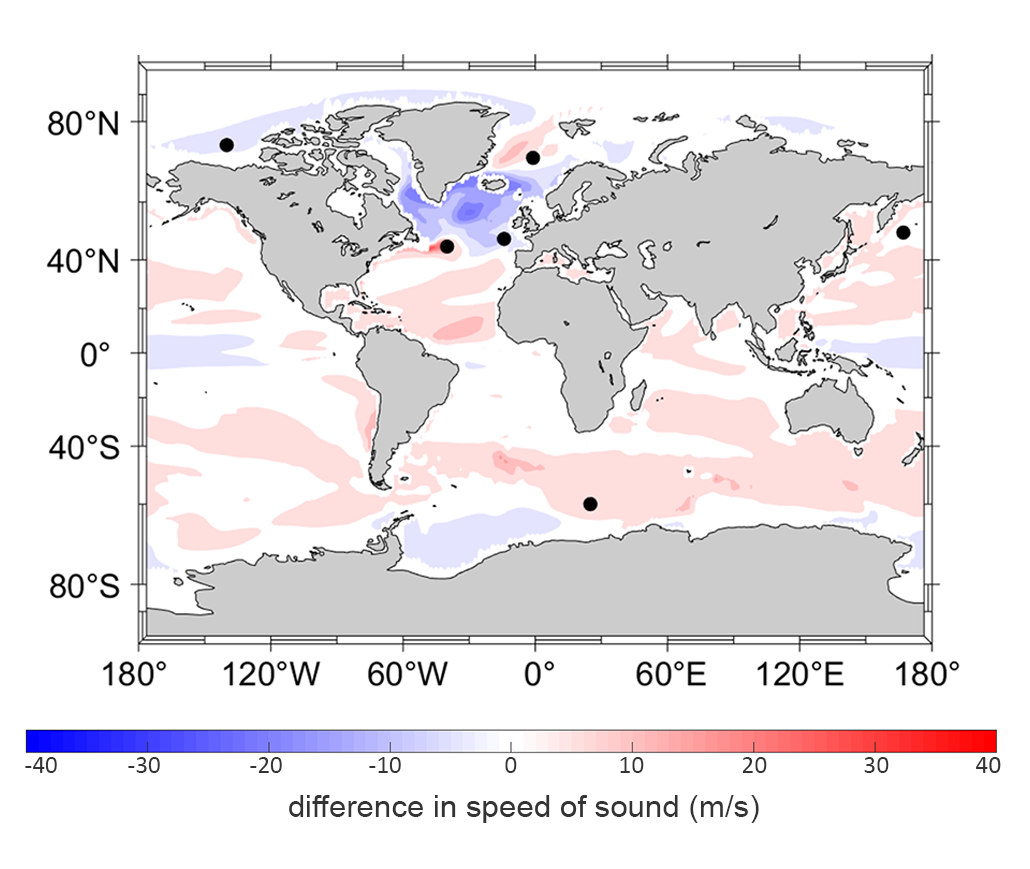 a map of the world showing an ocean heat map measuring the difference in sound speeds