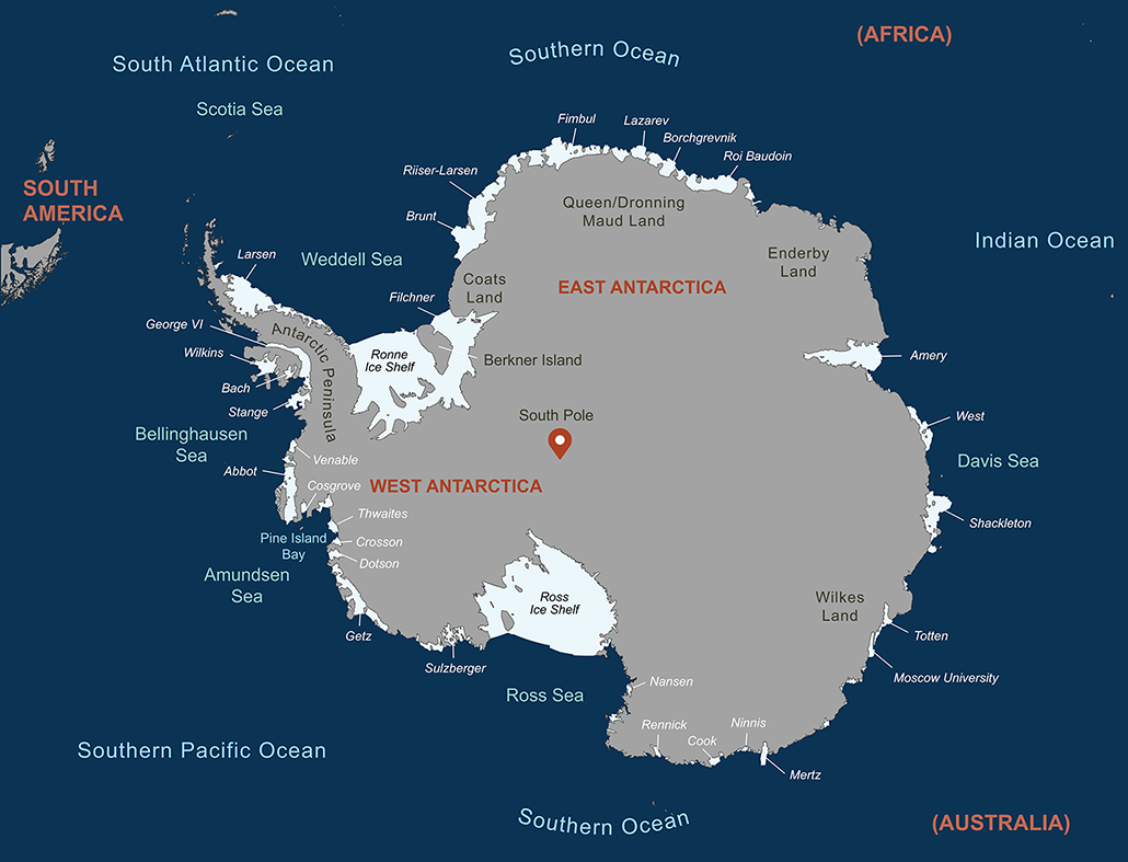 a map of Antarctica showing the locations of various ice shelves