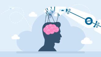 an illustration of robotic hand using a human brain as a puppet on strings while inside a person's head