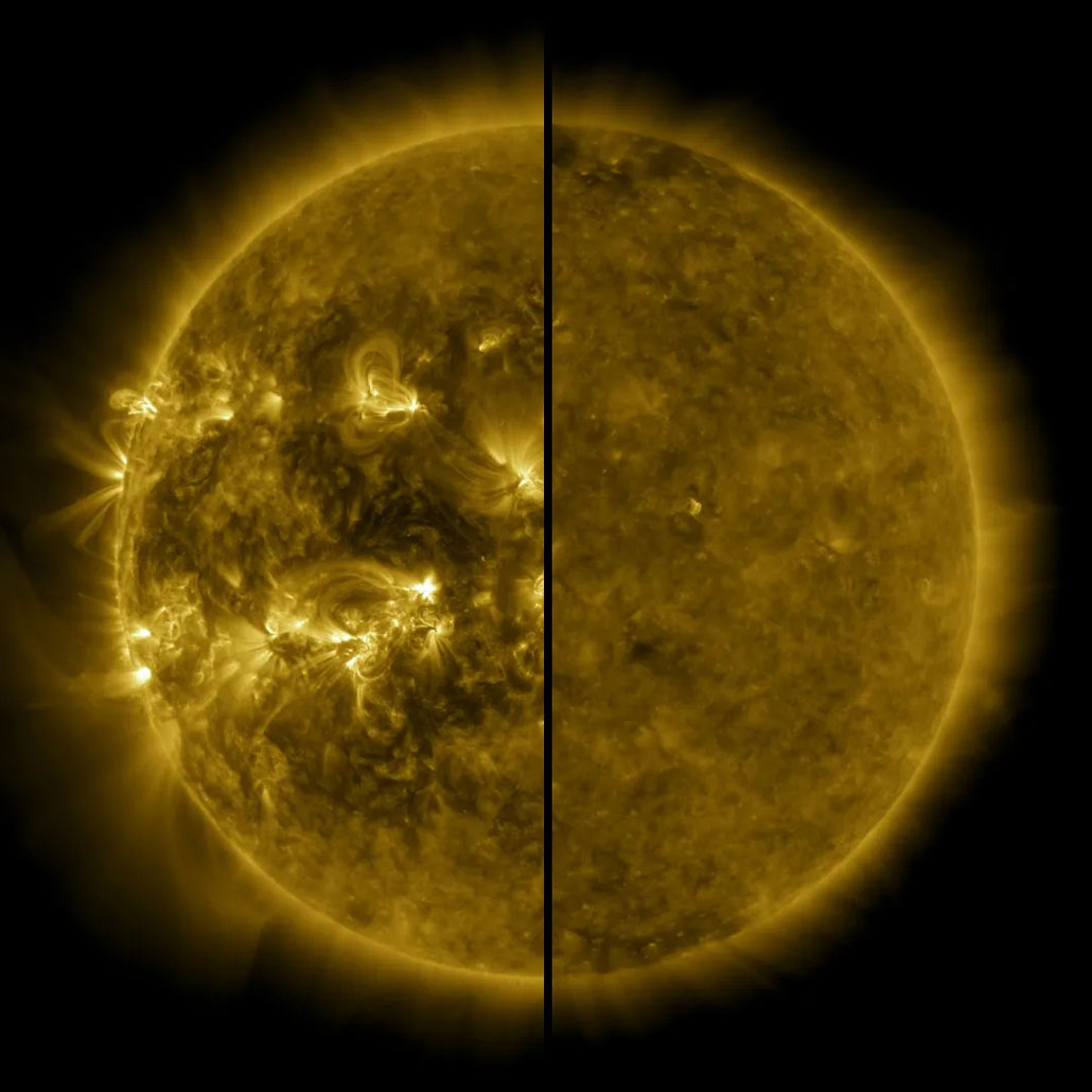 an image of the sun, on the left at solar maximum, and on the right at solar minimum. The right side had more brightly colored spots and flares shooting off the sun's surface.