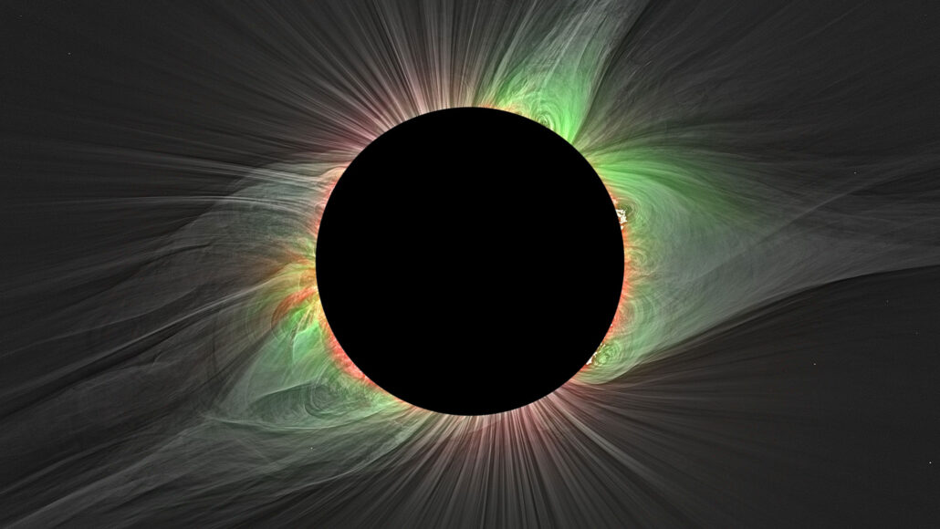 the total solar eclipse in 2017, photographed with a special filter making the sun's corona