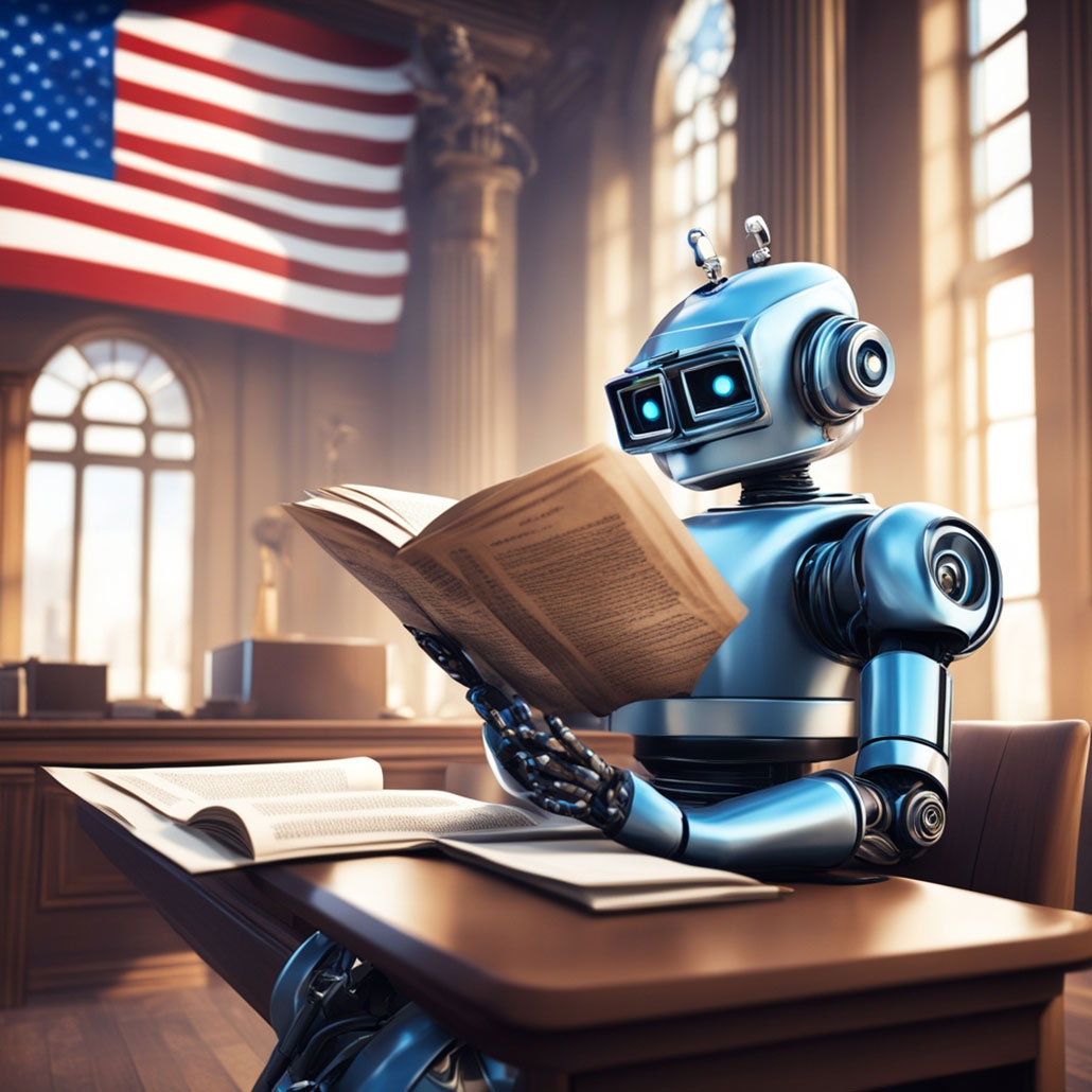 an AI generated image of a robot reading the US Constitution