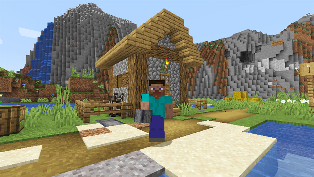 a screen capture of the default Minecraft avatar standing in a Minecraft village