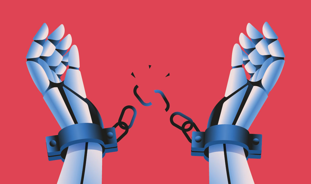 an illustration of robot hands breaking out of handcuffs