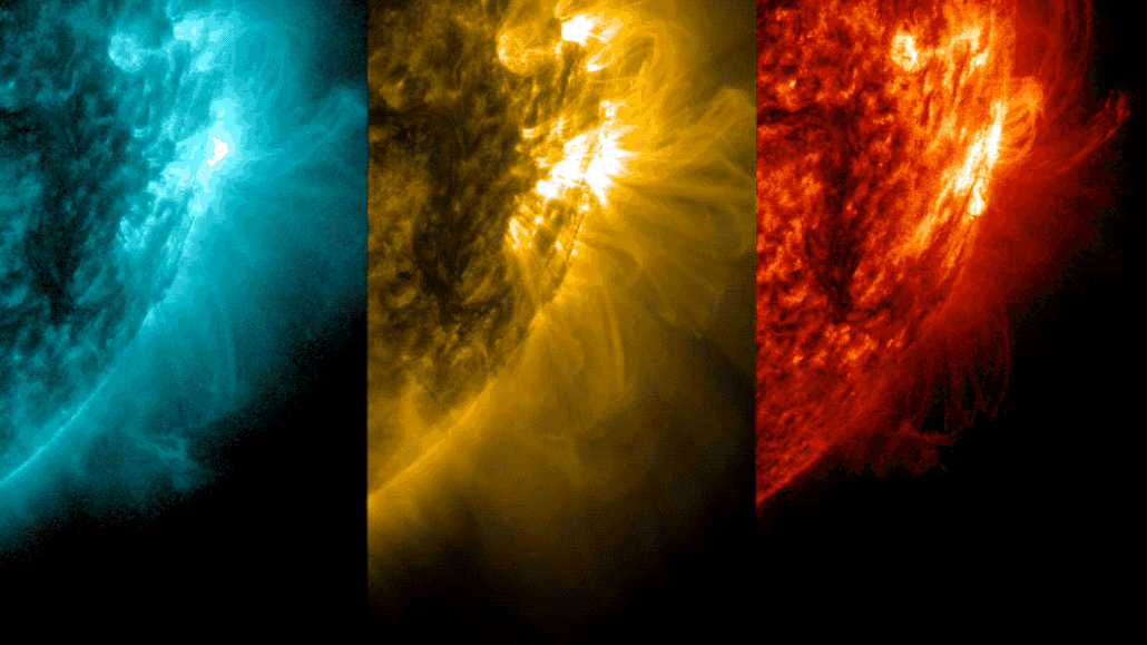 three false-color images of the sun (blue, yellow and red) side-by-side show a burst of light that brightens quickly then fades