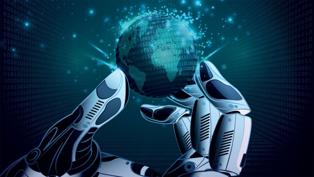an illustration of a robot hand grabbing a small planet earth, the image has 1s and 0s throughout to illustrate an online/digital environment