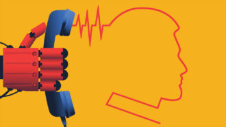an illustration of a robot hand holding a telephone reciever with a soundwave in the shape of a person coming out of the speaker
