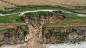 a coastal landslide drags a river of water and soil down a hill from farmland to the beach