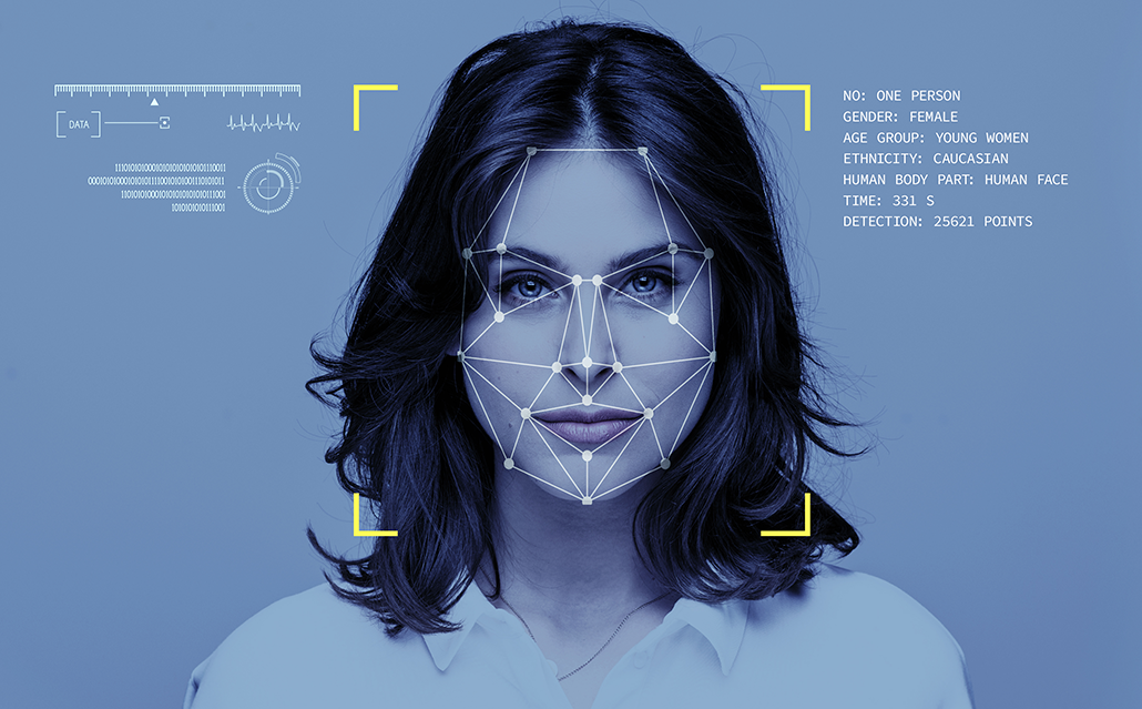 an illustration of a woman's face straght on, and simulated metrics that an AI might use when training itself on human faces