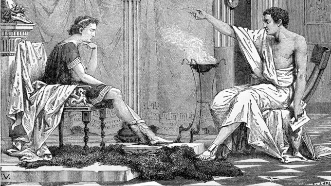 black and white illustration of Aristotle educating Alexander the Great