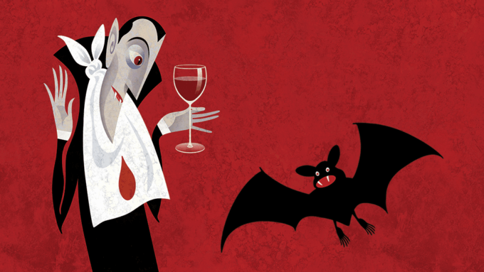 An illustration shows a vampire looking at a black, cartoon bat. The vampire is holding a glass filled with blood. He's wearing a blood-stained napkin tied around his neck.