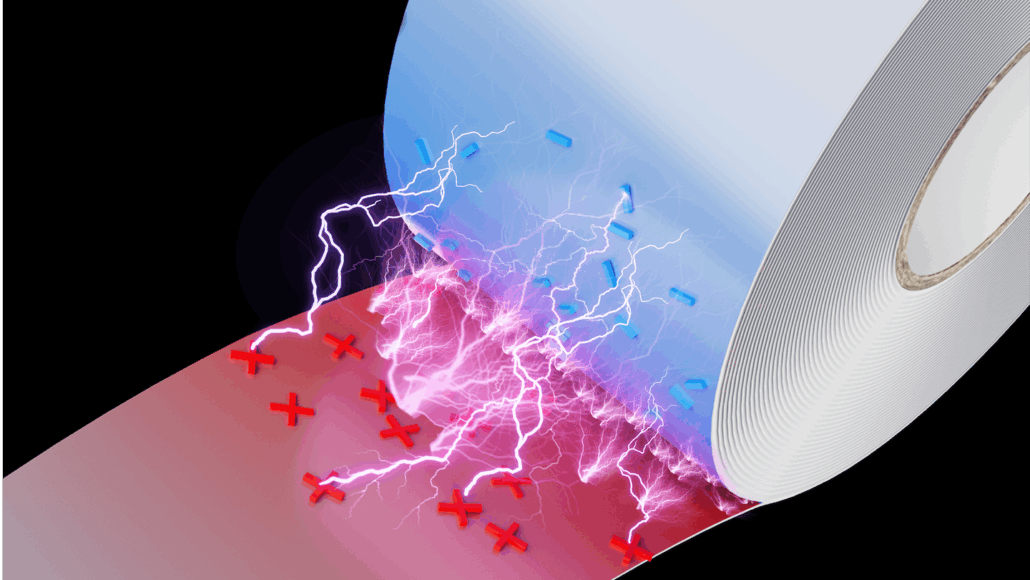 an illustrated view of a piece of tape being pulled off a roll and the electric sparks the action produces