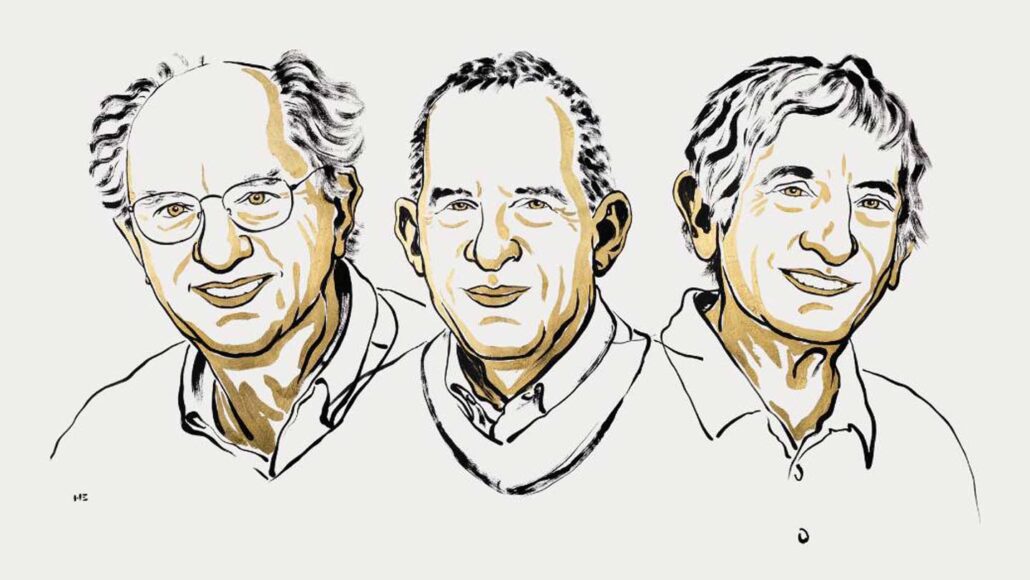 An illustration shows three men, John Clarke, Michel Devoret and John Martinis, who collectively won the 2025 Nobel Prize in physics for demonstrating quantum effects in an electric circuit.