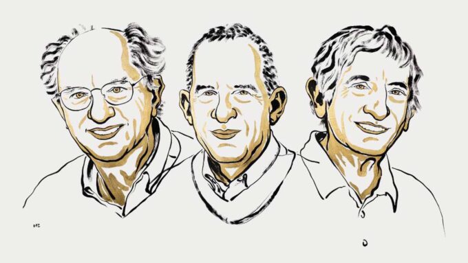 An illustration shows three men, John Clarke, Michel Devoret and John Martinis, who collectively won the 2025 Nobel Prize in physics for demonstrating quantum effects in an electric circuit.