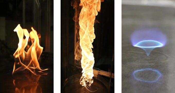 When floating fuel ignites, a pool fire forms (left). Sometimes, a pool fire rises into a tall yellow column called a fire whirl (center). And sometimes, that fire whirl stabilizes into a smaller — but much hotter—blue whirl (right).
