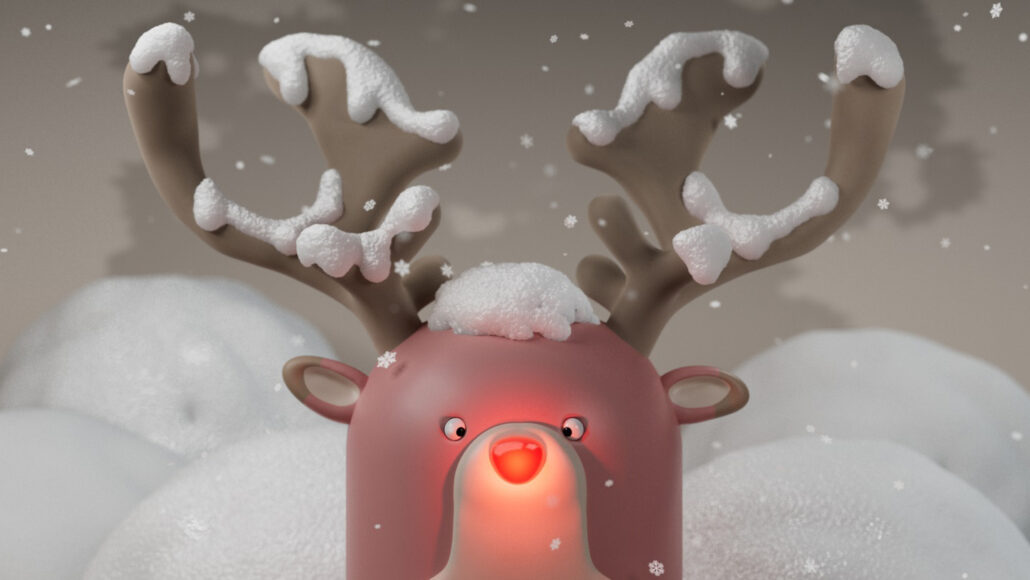 illustration of Rudolph covered with snow and with his nose lit up
