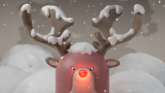 illustration of Rudolph covered with snow and with his nose lit up