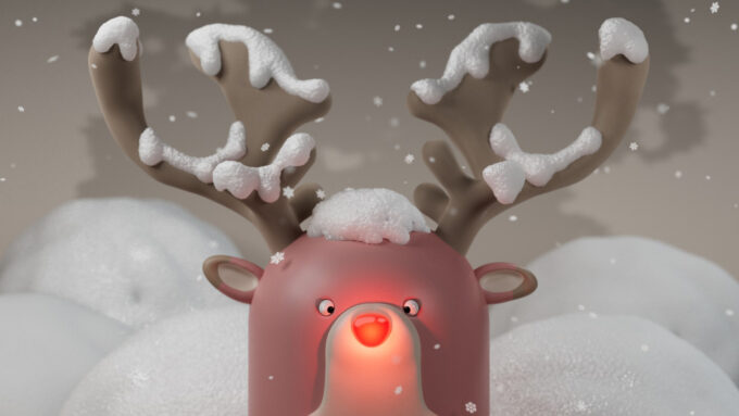 illustration of Rudolph covered with snow and with his nose lit up
