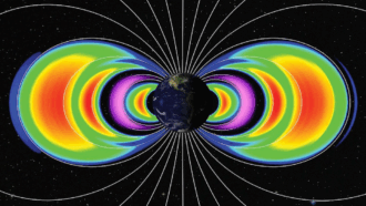 a set of crescent-shaped rings of different colors encircle earth