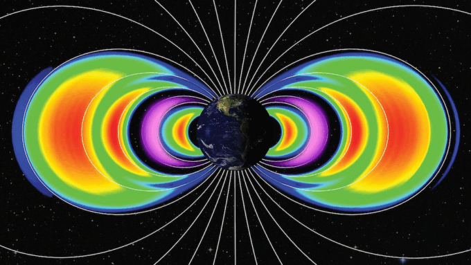 a set of crescent-shaped rings of different colors encircle earth