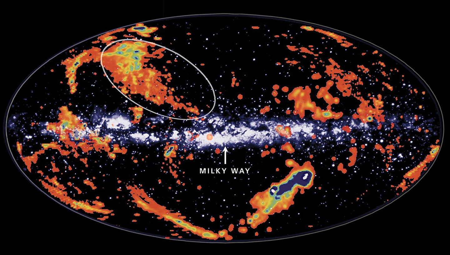 a composite map of the Milky Way showing high-velocity clouds falling towards it