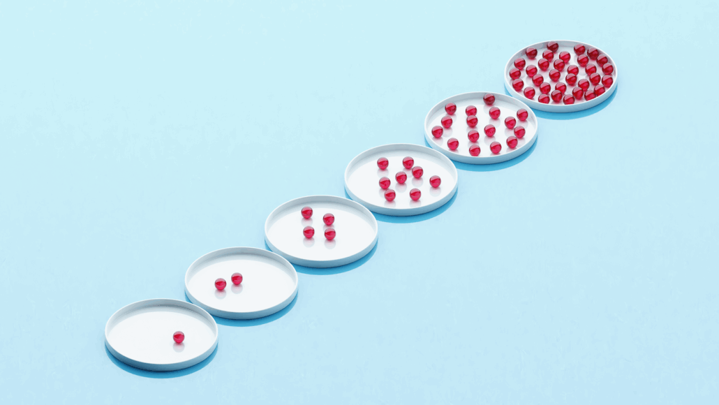 in a row of petri dishes, the number of red beads doubles in each dish from 1 to 2 to 4 to 8 to 16 to 32