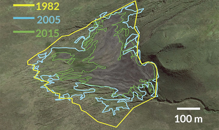 a sattelite image of the Île aux Cochons showing the shrinking boundary of the penguin colony over time