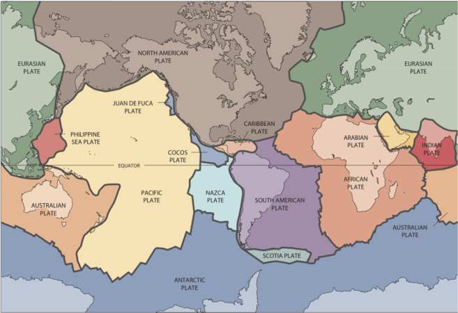 The outer layer of Earth is made up of a dozen or so huge moving slabs called tectonic plates. Credit: U.S. Geological Survey