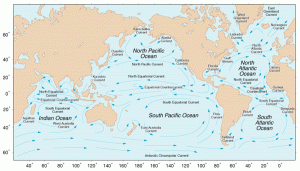 There are five major ocean gyres. Scientists have found large concentrations of plastic in the North Pacific and North Atlantic gyres. The remaining three gyres have yet to be scientifically studied. Credit: ©2005 American Meteorological Society