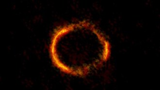 This distant galaxy — distorted into a ring shape — is visible to people on Earth because it sits behind a gravitational lens.