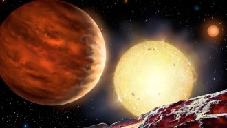 An artist's impression of WASP-142b, at upper left, as seen from a hypothetical moon. The planet, found by student Tom Wagg when just 15, is 1,000 light years from Earth.