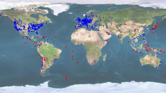 This map identifies (in blue) the computers in phones and other devices collecting ground-motion data for Quake-Catcher Network. Red dots mark previously detected quakes.